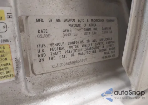 2009 Chevrolet Aveo Lt z USA, uszkodzony, nr VIN KL1TD66E59B658607